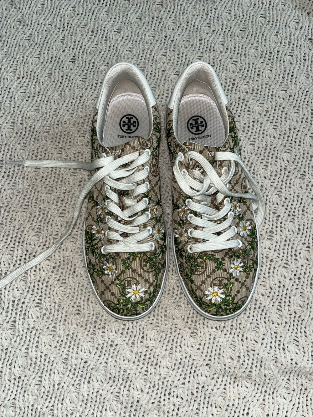 Tory Burch Beige Floral Logo Canvas Sneakers with White Trim